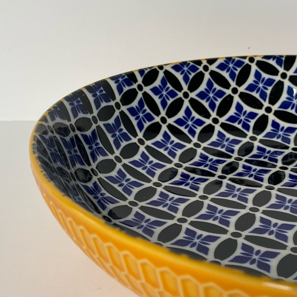 Metahom Serving Bowl Ceramic 8.75” Blue Yellow Honeycomb Bottom Floral Print - Picture 2 of 16